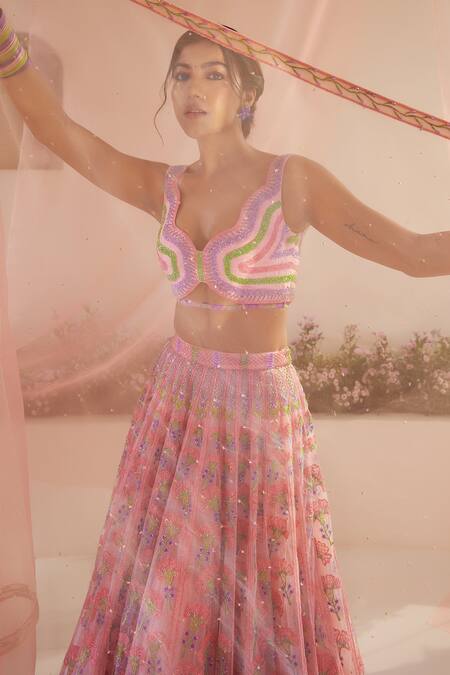 Shop_Tuhina Srivastava_Pink Silk Organza, Tulle Beads, Embroidery, Phool Garden Bridal Lehenga Set _Online_at_Aza_Fashions