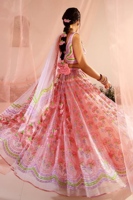 Tuhina Srivastava_Pink Silk Organza, Tulle Beads, Embroidery, Phool Garden Bridal Lehenga Set _at_Aza_Fashions