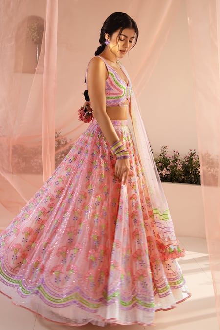 Buy_Tuhina Srivastava_Pink Silk Organza, Tulle Beads, Embroidery, Phool Garden Bridal Lehenga Set 