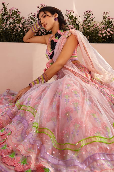 Shop_Tuhina Srivastava_Pink Silk Organza, Tulle Beads, Embroidery, Phool Garden Bridal Lehenga Set 