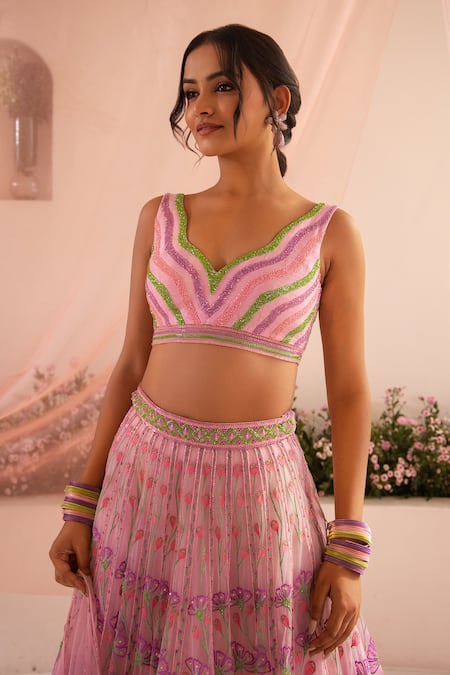 Shop_Tuhina Srivastava_Pink Organza, Tulle, Embroidery, Pansy Bloom Bridal Lehenga Set _Online_at_Aza_Fashions