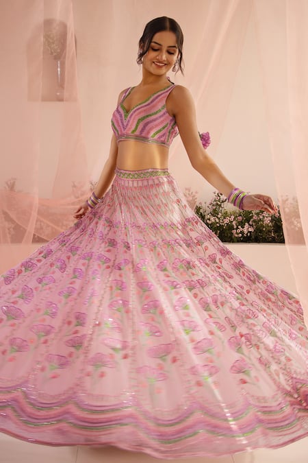 Tuhina Srivastava_Pink Organza, Tulle, Embroidery, Pansy Bloom Bridal Lehenga Set _at_Aza_Fashions