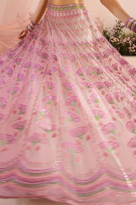 Buy_Tuhina Srivastava_Pink Organza, Tulle, Embroidery, Pansy Bloom Bridal Lehenga Set 