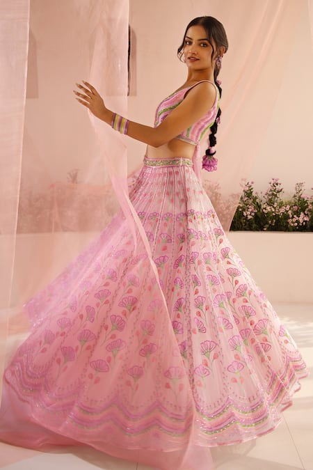Shop_Tuhina Srivastava_Pink Organza, Tulle, Embroidery, Pansy Bloom Bridal Lehenga Set 