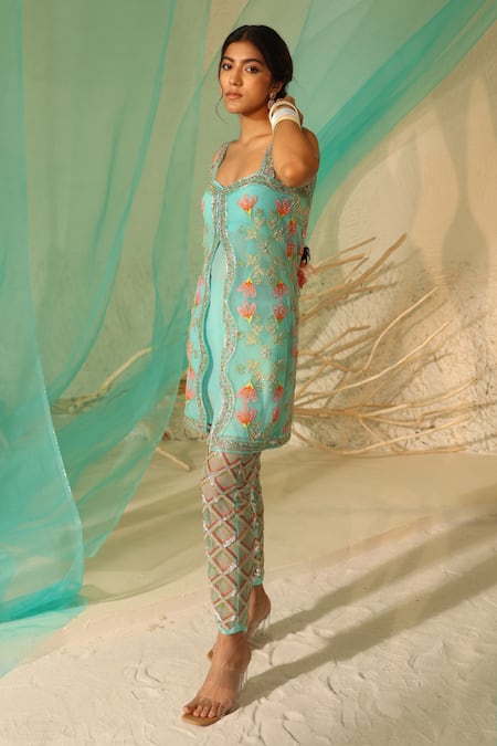Shop_Tuhina Srivastava_Blue Tulle, Crepe, Silk Organza Embroidery Bloom Breeze Jacket Kurta Set _Online_at_Aza_Fashions