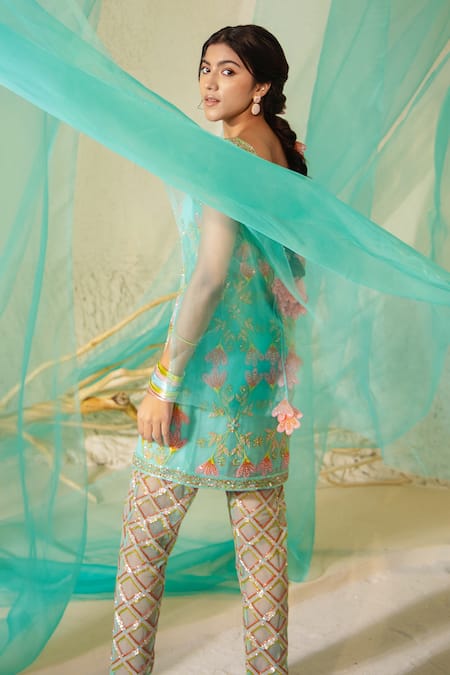 Buy_Tuhina Srivastava_Blue Tulle, Crepe, Silk Organza Embroidery Bloom Breeze Jacket Kurta Set 