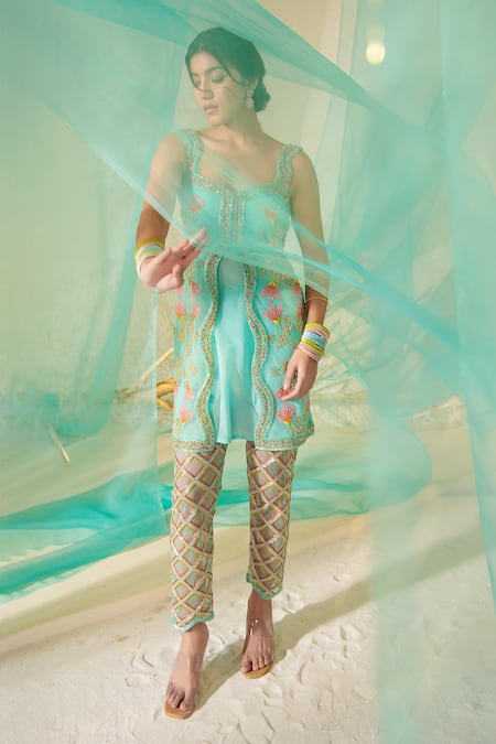 Shop_Tuhina Srivastava_Blue Tulle, Crepe, Silk Organza Embroidery Bloom Breeze Jacket Kurta Set 