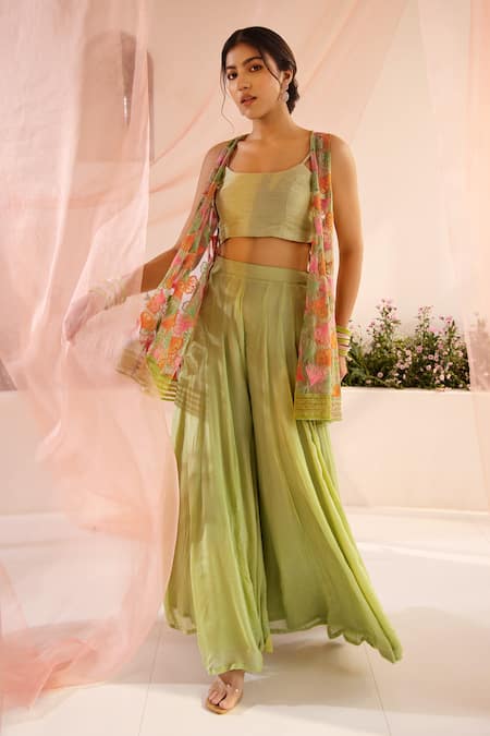 Buy_Tuhina Srivastava_Green Organza, Chiffon, Tulle, Petal Breeze Jacket Sharara Set _Online_at_Aza_Fashions