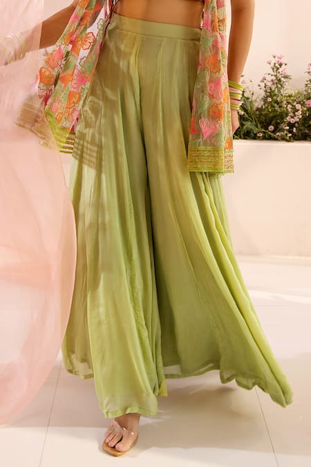 Shop_Tuhina Srivastava_Green Organza, Chiffon, Tulle, Petal Breeze Jacket Sharara Set _Online_at_Aza_Fashions