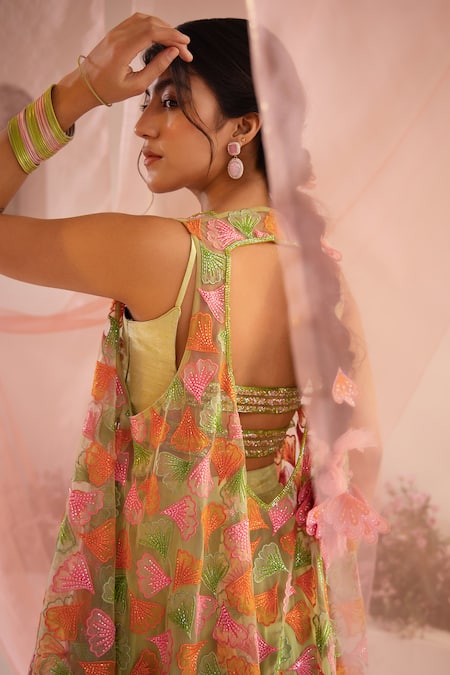 Tuhina Srivastava_Green Organza, Chiffon, Tulle, Petal Breeze Jacket Sharara Set _at_Aza_Fashions