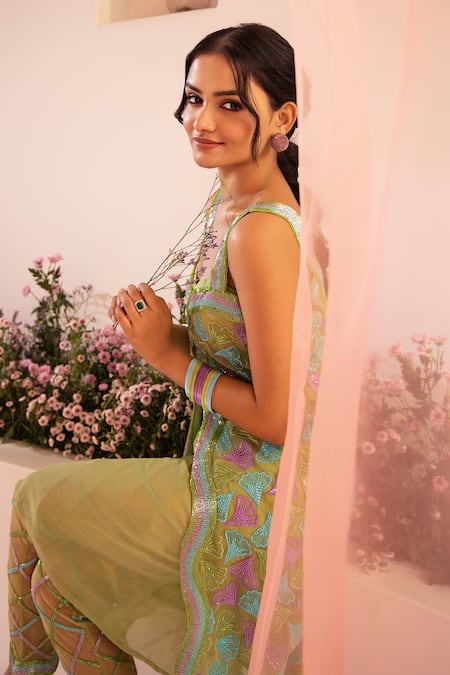 Shop_Tuhina Srivastava_Green Tulle, Crepe, Silk Organza Beads, Stones, Blossom Breeze Jacket Kurta Set _Online_at_Aza_Fashions