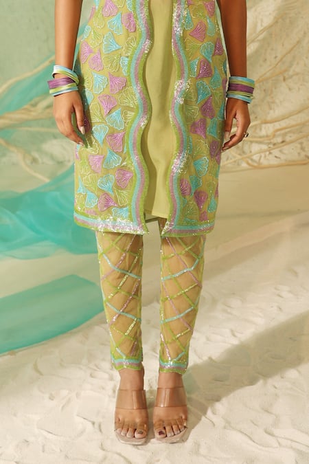 Tuhina Srivastava_Green Tulle, Crepe, Silk Organza Beads, Stones, Blossom Breeze Jacket Kurta Set _at_Aza_Fashions