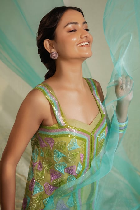 Shop_Tuhina Srivastava_Green Tulle, Crepe, Silk Organza Beads, Stones, Blossom Breeze Jacket Kurta Set 