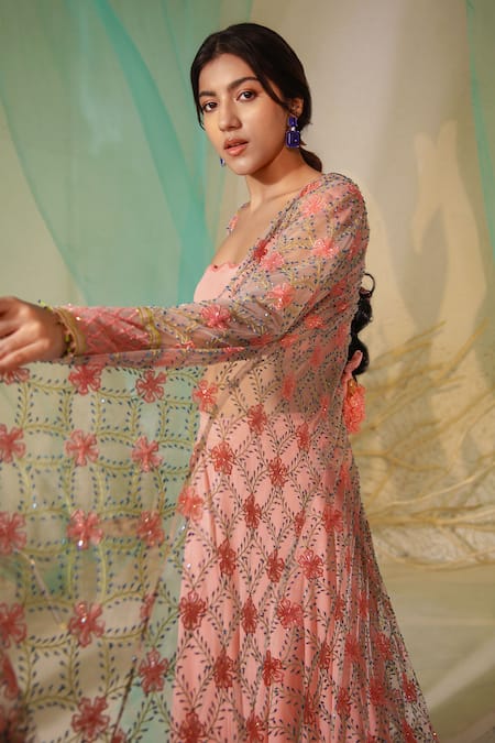 Tuhina Srivastava_Pink Tulle, Crepe, Silk Organza, Rafflesia Embroidered Jacket Sharara Set _at_Aza_Fashions