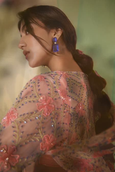 Buy_Tuhina Srivastava_Pink Tulle, Crepe, Silk Organza, Rafflesia Embroidered Jacket Sharara Set 