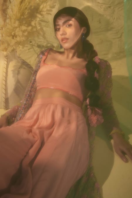 Shop_Tuhina Srivastava_Pink Tulle, Crepe, Silk Organza, Rafflesia Embroidered Jacket Sharara Set 