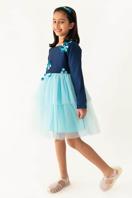 A Little Fable_Blue Polyester, Cotton Applique, Sequins Peony Floral Embellished Dress _Online_at_Aza_Fashions