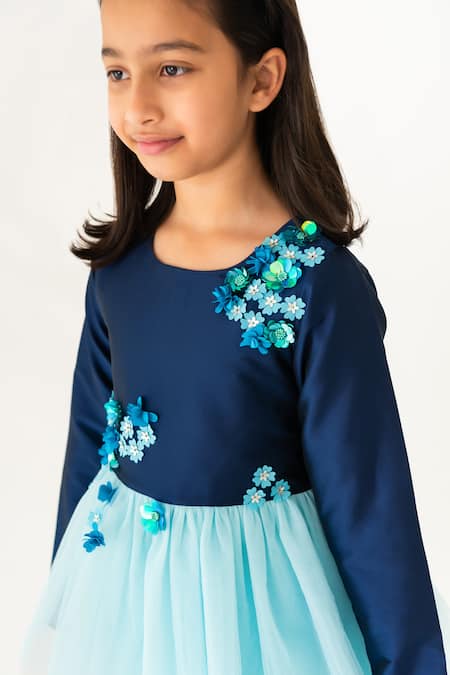 Buy_A Little Fable_Blue Polyester, Cotton Applique, Sequins Peony Floral Embellished Dress _Online_at_Aza_Fashions