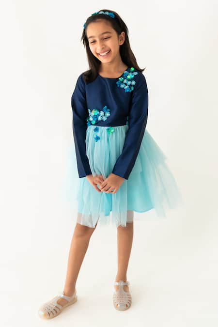 Shop_A Little Fable_Blue Polyester, Cotton Applique, Sequins Peony Floral Embellished Dress _Online_at_Aza_Fashions