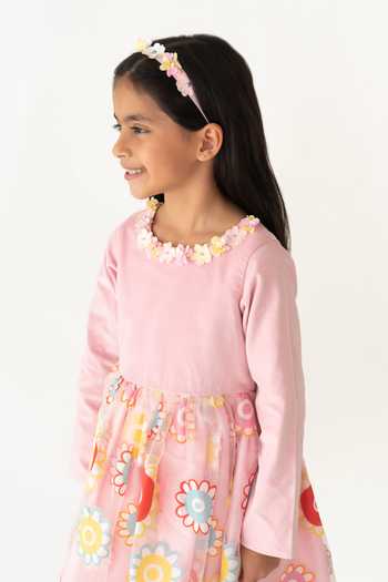 A Little Fable_Pink Polyester, Cotton Embroidery Verona Floral Pattern Dress _Online_at_Aza_Fashions