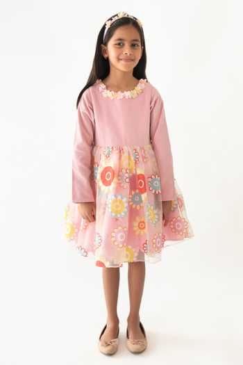 Buy_A Little Fable_Pink Polyester, Cotton Embroidery Verona Floral Pattern Dress _Online_at_Aza_Fashions