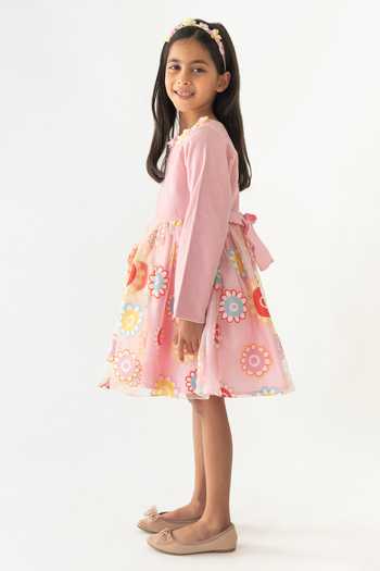 Shop_A Little Fable_Pink Polyester, Cotton Embroidery Verona Floral Pattern Dress _Online_at_Aza_Fashions