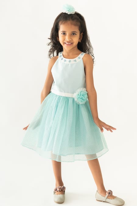 Buy A Little Fable Blue Polyester, Cotton Applique, Sequins Stardust Dot Patterned Dress at Aza Fashions Buy_A Little Fable_Blue Polyester, Cotton Applique, Sequins Stardust Dot Patterned Dress _at_Aza_Fashions