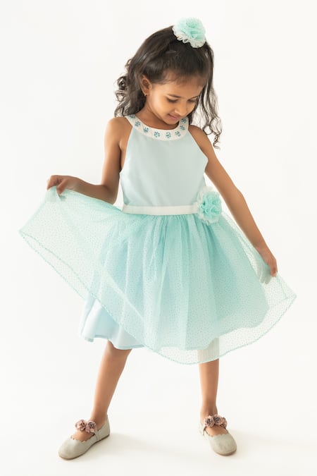 A Little Fable Blue Polyester, Cotton Applique, Sequins Stardust Dot Patterned Dress Online at Aza Fashions A Little Fable_Blue Polyester, Cotton Applique, Sequins Stardust Dot Patterned Dress _Online_at_Aza_Fashions