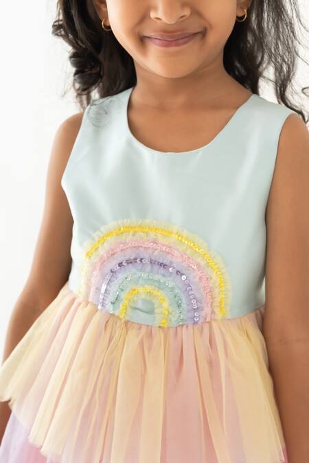 Shop_A Little Fable_Multi Color Polyester, Cotton Sequins, Ruffles Rainbow Ombre Tiered Dress _Online_at_Aza_Fashions