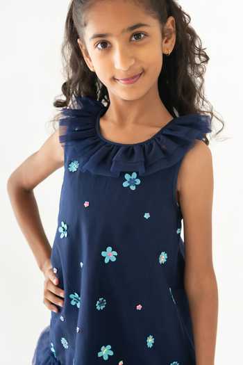 A Little Fable_Blue Polyester, Cotton Sequins Floral Ruffle Hem Dress _Online_at_Aza_Fashions