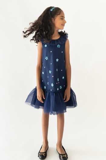 Buy_A Little Fable_Blue Polyester, Cotton Sequins Floral Ruffle Hem Dress _Online_at_Aza_Fashions