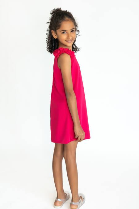 Shop_A Little Fable_Fuchsia Polyester, Neoprene Applique Floral Dress _Online_at_Aza_Fashions