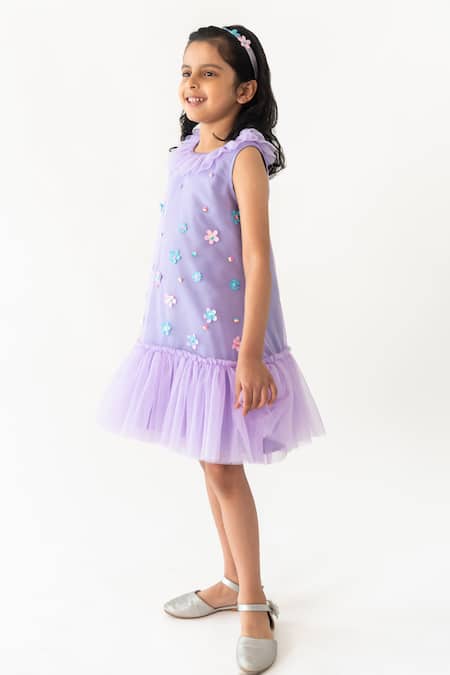 A Little Fable_Purple Polyester, Cotton Sequins, Dainty Garden Floral Embellished Dress _Online_at_Aza_Fashions