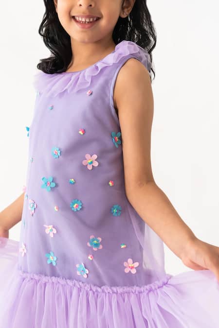 Buy_A Little Fable_Purple Polyester, Cotton Sequins, Dainty Garden Floral Embellished Dress _Online_at_Aza_Fashions
