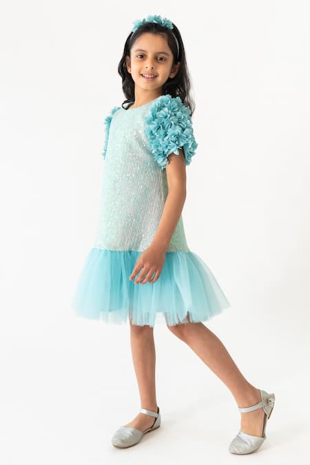Shop A Little Fable Blue Polyester, Cotton Sequins, Applique Mermaid Sparkle Bodice Dress Online at Aza Fashions Shop_A Little Fable_Blue Polyester, Cotton Sequins, Applique Mermaid Sparkle Bodice Dress _Online_at_Aza_Fashions