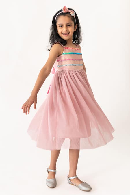 A Little Fable_Pink Polyester, Cotton Sequins Twinkle Embellished Bodice Dress _Online_at_Aza_Fashions