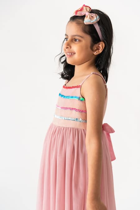 Shop_A Little Fable_Pink Polyester, Cotton Sequins Twinkle Embellished Bodice Dress _Online_at_Aza_Fashions
