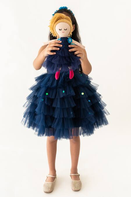 Buy_A Little Fable_Blue Polyester, Cotton Embroidery, Sequins Morning Glory Tiered Ruffle Dress _Online_at_Aza_Fashions