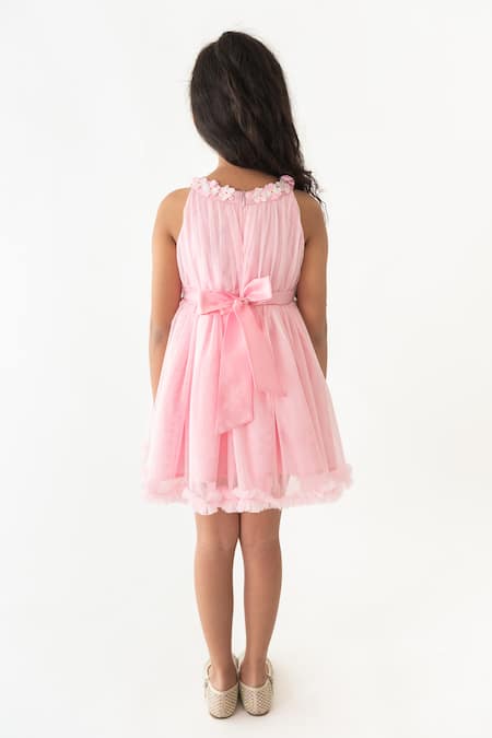 A Little Fable Floral Applique Pink Pleated Dress 