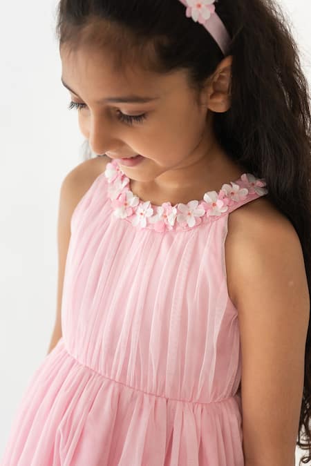 Buy_A Little Fable_Pink Tulle Embroidery Floral Applique Pleated Dress _Online_at_Aza_Fashions