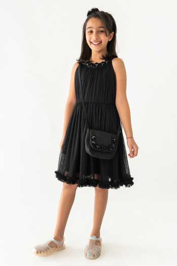 A Little Fable_Black Tulle Embroidery, Applique Loire Pleated Dress _Online_at_Aza_Fashions