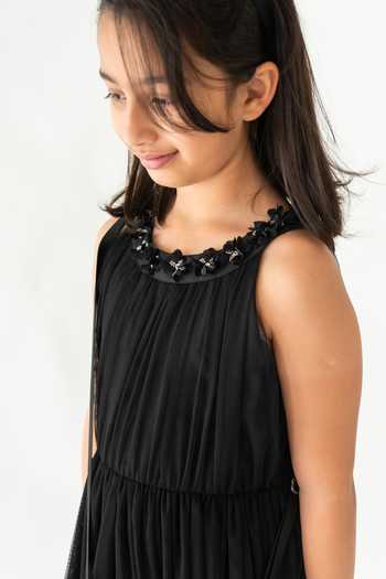 Buy_A Little Fable_Black Tulle Embroidery, Applique Loire Pleated Dress _Online_at_Aza_Fashions