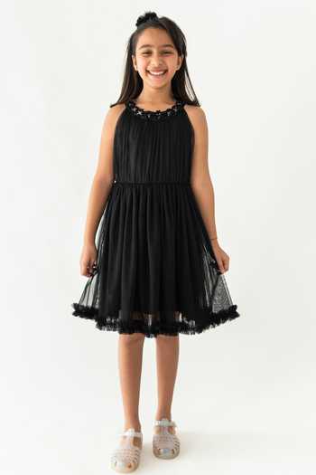 Shop_A Little Fable_Black Tulle Embroidery, Applique Loire Pleated Dress _Online_at_Aza_Fashions