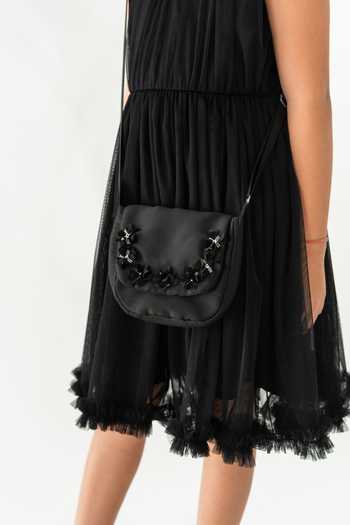 A Little Fable_Black Tulle Embroidery, Applique Loire Pleated Dress _at_Aza_Fashions