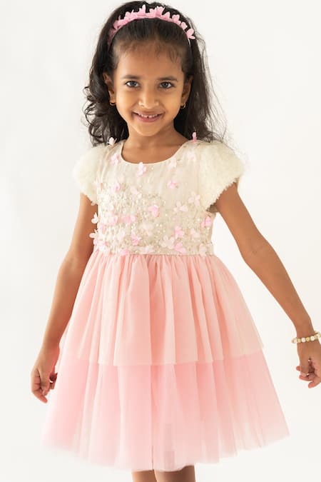 Buy_A Little Fable_Pink Polyester, Cotton Embroidery, Sequins Daisy Sprinkle Ombre Tiered Dress _Online_at_Aza_Fashions