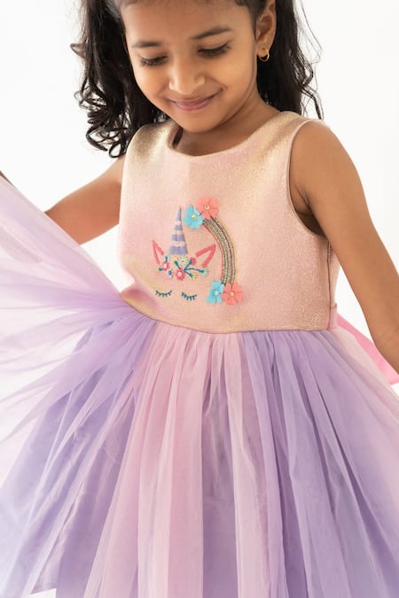 Buy_A Little Fable_Multi Color Polyester, Cotton Embroidery, Beads Electra Unicorn Ombre Dress _Online_at_Aza_Fashions