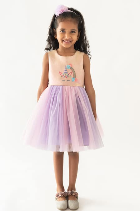 Shop_A Little Fable_Multi Color Polyester, Cotton Embroidery, Beads Electra Unicorn Ombre Dress _Online_at_Aza_Fashions