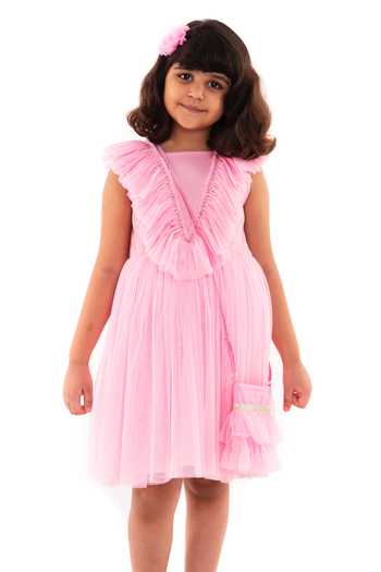 A Little Fable Pink Tulle, Polyester Sequins Strawberry Cheesecake Frilled Embroidered Dress Online at Aza Fashions A Little Fable_Pink Tulle, Polyester Sequins Strawberry Cheesecake Frilled Embroidered Dress _Online_at_Aza_Fashions