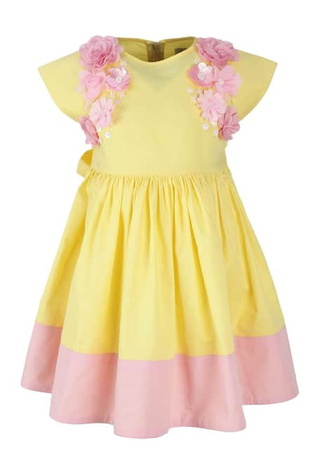 A Little Fable Yellow Cotton Embroidered 3d Flower Aiden Garden Floral Dress 