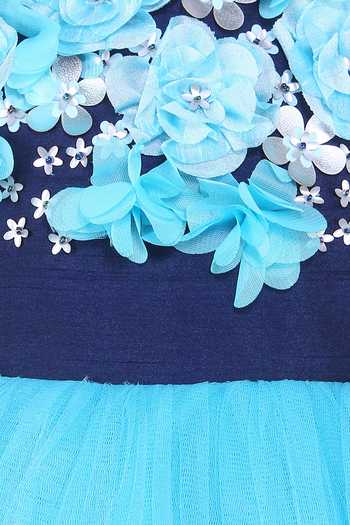 A Little Fable_Blue Net, Taffeta, Cotton Embroidery 3d Floral Dress _Online_at_Aza_Fashions